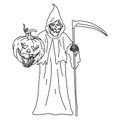 Devil holding Halloween pumpkin vector illustration sketch doodle hand drawn with black lines isolated on white background Royalty Free Stock Photo