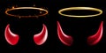 Devil horns and angel rings. Golden glowing halo, shiny golden aureole and red demon evil horn. Realistic halloween