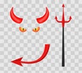 Devil horns, trident, eyes and tail on transparent checkered background. Vector illustration. Royalty Free Stock Photo