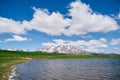 Devil Lake in a green valley against the backdrop of snowy mountains