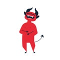 Devil laughing flat vector illustration. Little red cute demon joking cartoon colorful character. Satan funny expression Royalty Free Stock Photo