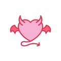 Devil Love with demon wing, horn and tail Icon. Simple Heart Illustration Line Style Logo Template Design.