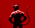 Devil muscular strong man with horns and tail from back view vector illustration, powerful demon, the evil is strong, animal part