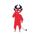 Devil picking nose flat vector illustration. Bad manners and behavior, obscene gesture concept. Ill-mannered satan, red