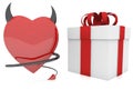 Devil red heart with horn and tail near gift box Royalty Free Stock Photo