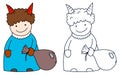 Devil with sack. Coloring book page for children. Colored and outline vector illustration isolated on white background. Game for Royalty Free Stock Photo