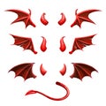 Devil tail, horns and wings. Demonic red elements for the photo decoration. Royalty Free Stock Photo