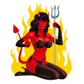 Devil woman sitting and holding trident, vector illustration