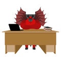Devil of workplace. Satan boss sitting in office. Red demon at w