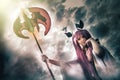 Devil young woman with spear pitchfork, hell demon in cloudy sky Royalty Free Stock Photo