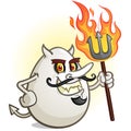 A Deviled Egg Cartoon Character Holding a Flaming Pitch Fork