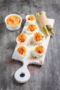 Deviled eggs appetizer with hummus. green asparagus Royalty Free Stock Photo