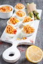 Deviled eggs appetizer with hummus. green asparagus Royalty Free Stock Photo