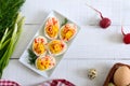 Deviled eggs. Delicious appetizer. Boiled eggs stuffed with yolk, mustard, mayonnaise, paprika. Classic recipe. Royalty Free Stock Photo