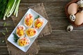 Deviled eggs. Delicious appetizer. Boiled eggs stuffed with yolk, mustard, mayonnaise, paprika. Classic recipe. Royalty Free Stock Photo