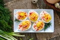 Deviled eggs. Delicious appetizer. Boiled eggs stuffed with yolk, mustard, mayonnaise, paprika. Classic recipe. Royalty Free Stock Photo