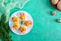 Deviled eggs. Delicious appetizer. Boiled eggs stuffed with yolk, mustard, mayonnaise, paprika. Classic recipe. Royalty Free Stock Photo