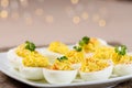 Deviled eggs garnished with parsley and paprika