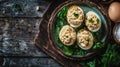 Deviled Eggs Platter: A Culinary Delight on Rustic Wood Royalty Free Stock Photo