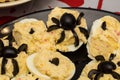 Deviled eggs with a Spider for Halloween party Royalty Free Stock Photo