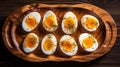 Midcentury Modern Deviled Eggs With Dill On Wooden Plate