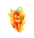 Devilish red hot pepper. Very spicy food. Devil with pitchfork. Burns in a flame. Mascot character. Cayenne chili pepper