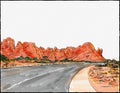 Devils Garden Trail with Rock Fins in Arches National Park Utah Watercolor Painting Royalty Free Stock Photo