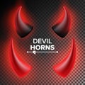 Devils Horns Vector. Red Luminous Horn. Realistic Red And Black Devil Horns Set. Isolated On Transparent Illustration.