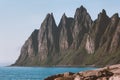 Devils jaw mountain in Norway landscape Okshornan peaks Senja islands scenic view Royalty Free Stock Photo