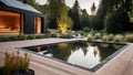 Devise a natural swimming pond design seamlessly integrated into a garden