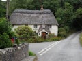 DEVON, ENGLAND - AUGUST 16 2021: A typical Devonshire thatched cottage.