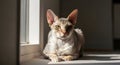 Devon Rex Cat Bathed in Sunlight by Window Royalty Free Stock Photo