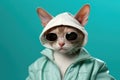 Devon Rex Cat Dressed As A Rapper On Mint Color Background Royalty Free Stock Photo