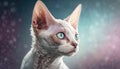 Devon Rex Cat Medium Shot White Pink Blue Magical Fantasy Bokeh. Generative AI