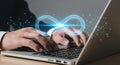 Devops automation concept with infinity loop and hands typing on laptop for software development process flow Royalty Free Stock Photo