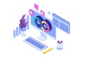 Devops concept. Application development, building. API prototyping, programming and testing. Isometric Vector Royalty Free Stock Photo