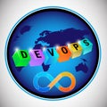 DevOps Concept, vector 3d text blocks on globe background