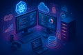 DevOps engineering workspace with dashboards servers cloud icons and kubernetes symbol Royalty Free Stock Photo