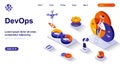 DevOps isometric landing page. Development operations isometry concept. Developers team works, configures, monitors processes 3d