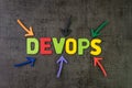 Devops for software continuous operations and development or programming concept, multi color arrows pointing to the word Devops Royalty Free Stock Photo