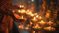 Devotees Lighting Candles for Vesak. In the warm glow of candlelight, devotees are seen lighting oil lamps during Vesak