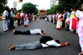 The devotees of Lord Jagannath bow down in the street of Kolkata. Royalty Free Stock Photo