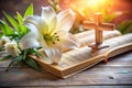A Devotional Spring Scene Macro Photography of an Easter Lily Cross and Hymns Book Capturing the Essence of Royalty Free Stock Photo
