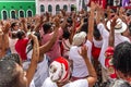 Devout Catholics of Santa Barbara raise their arms to the sky in honor of Santa Royalty Free Stock Photo