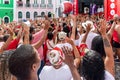 Devout Catholics of Santa Barbara raise their arms to the sky in honor of Santa Royalty Free Stock Photo