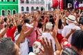 Devout Catholics of Santa Barbara raise their arms to the sky in honor of Santa Royalty Free Stock Photo