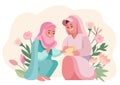 A devout Muslim family, with flowers backdrop. Great for cards, posters, banner. Celebrating Together. Vector