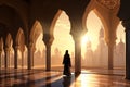 Devout Muslim in Prayerful Posture, Expressing Spiritual Serenity with Majestic Mosque as Backdrop