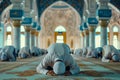 Devout Muslims in Sujood Inside an Ornate Mosque. Generative ai