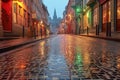 dew-covered cobblestones reflecting colorful storefronts